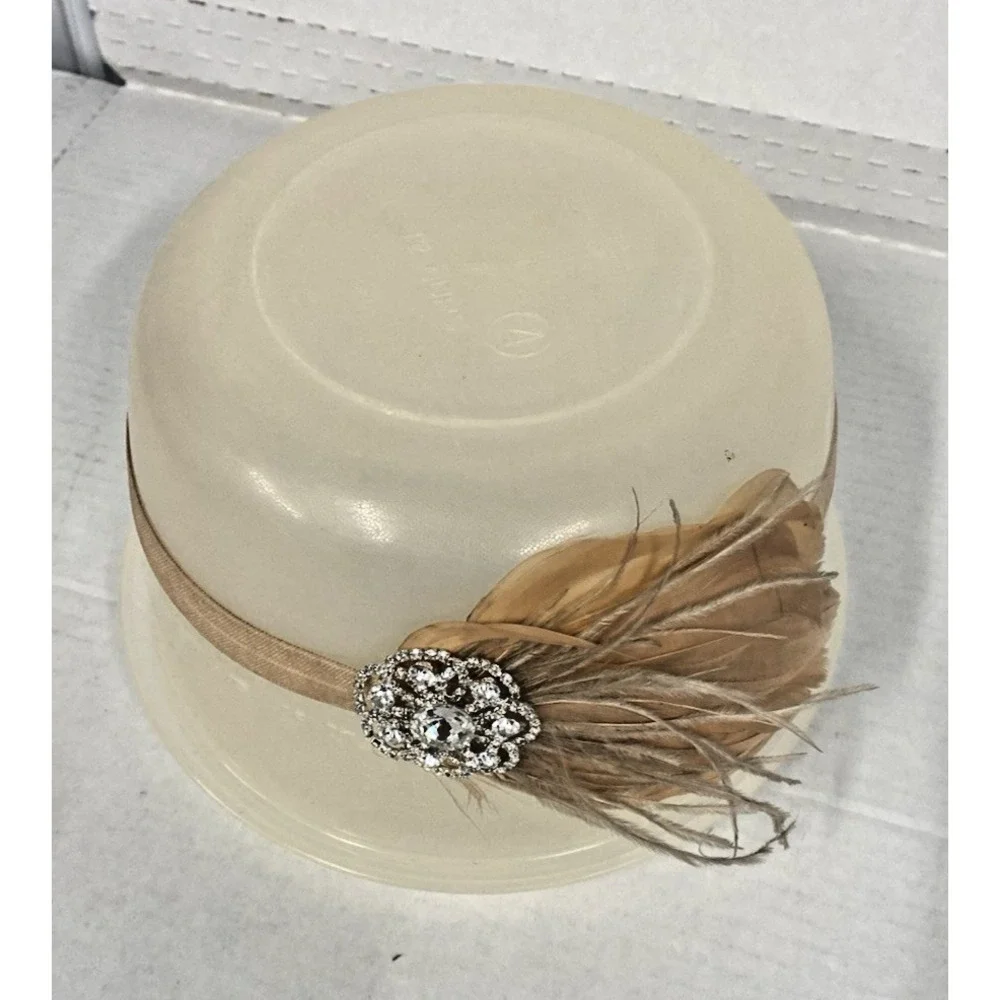 1920s womens head band piece elastic PEACH RHINESTONES costume feathers